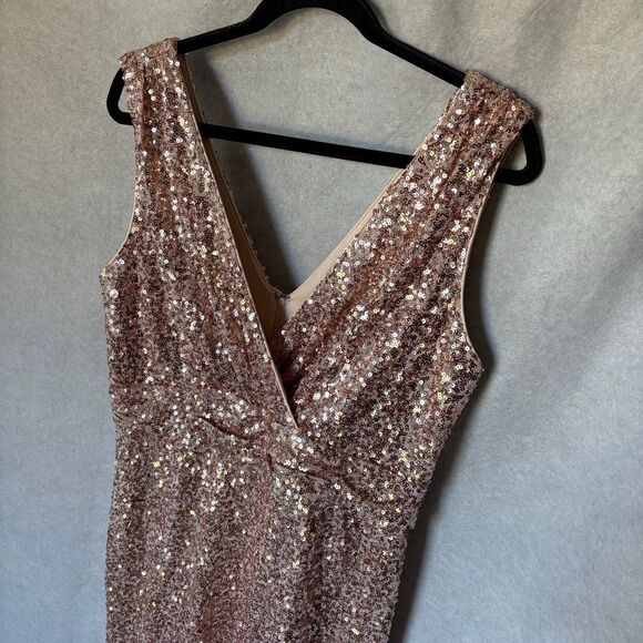 Belle Badgley Mischka Rose Gold Sequin Midi Dress Cocktail size 12 with Flaw - Picture 3 of 7